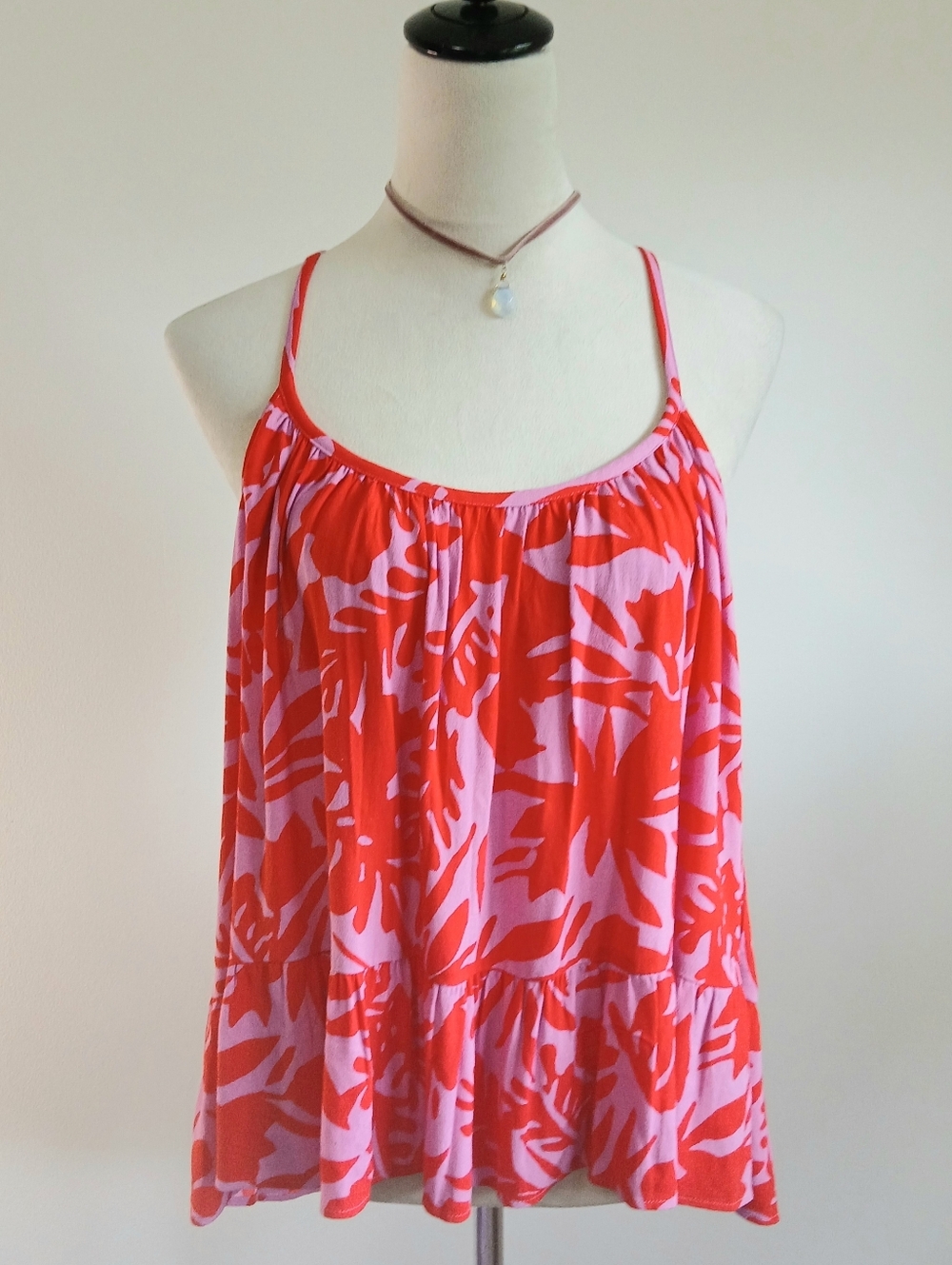 LOFT-Spaghetti Strap Tank Top-Pink and Red-Tropical-Size Large